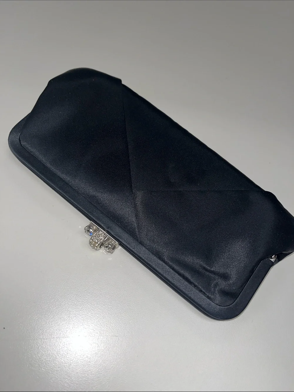 Saks Fifth Avenue Black Satin Jeweled Clasp Evening Clutch / Crossbody